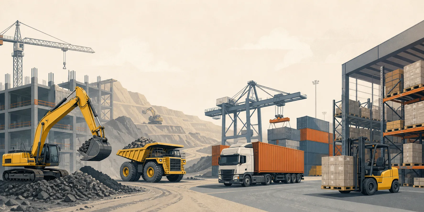 Ilustrasi industri konstruksi, pertambangan, logistik, dan pergudangan yang menjadi konteks pelatihan HEA